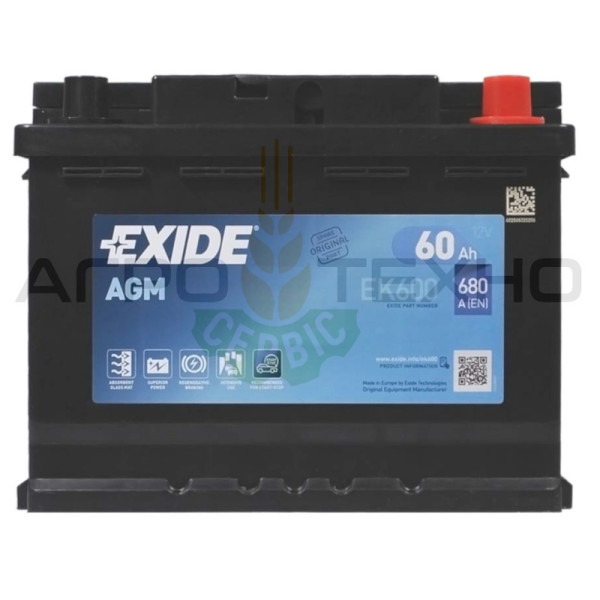 Exide 60Ah 680A AGM / EK600 Exide 60 AGM, Exide EK600, EK600 Exide, купити акумулятор Exide, Exide Переяслав, купити акумулятор Exide 60, Exide 60 680
